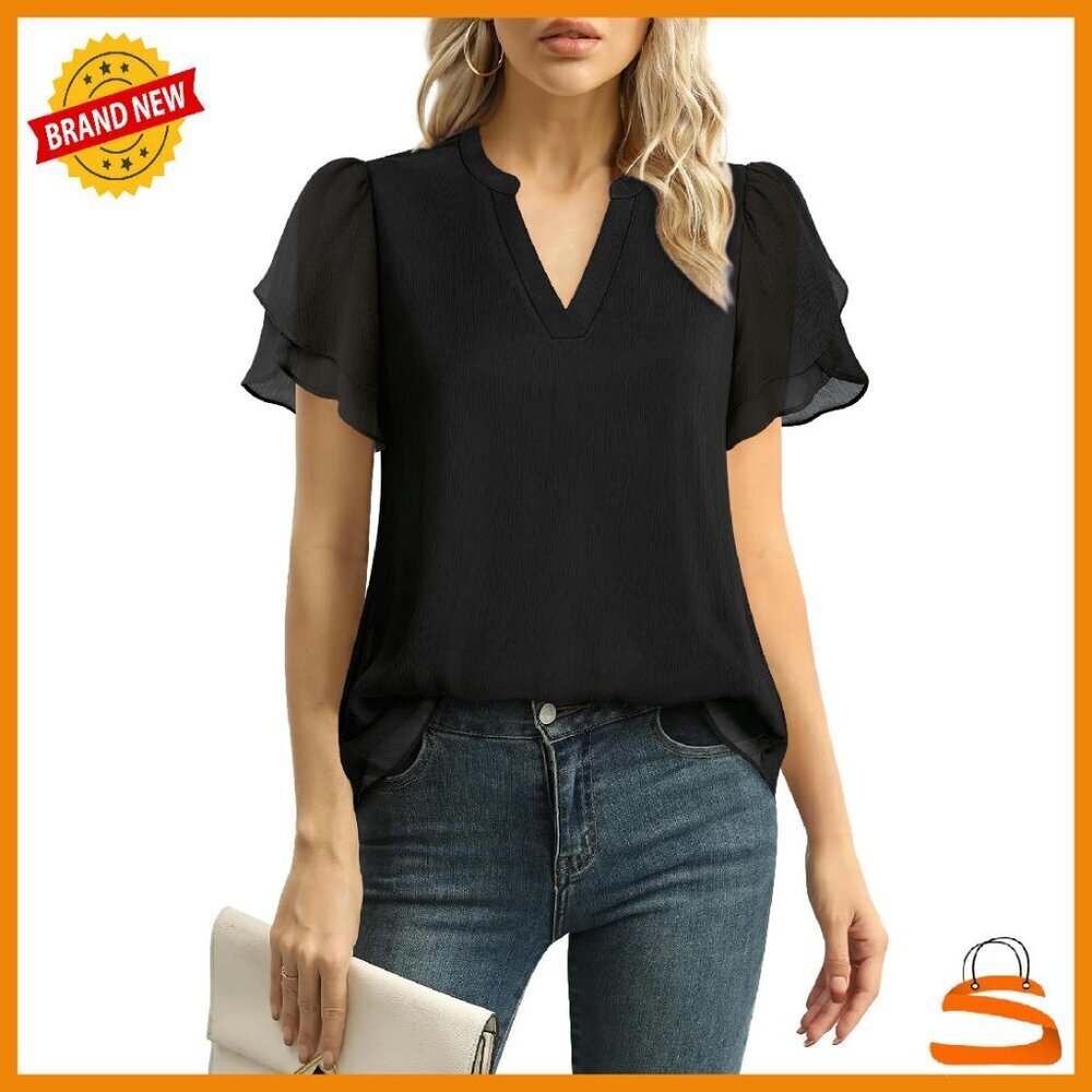 Chiffon Petal Sleeve V Neck Blouse Work Casual Summer Top